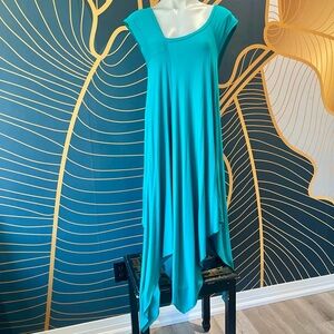 Asymmetrical Teal Women's Swing Dress with Draped Hem